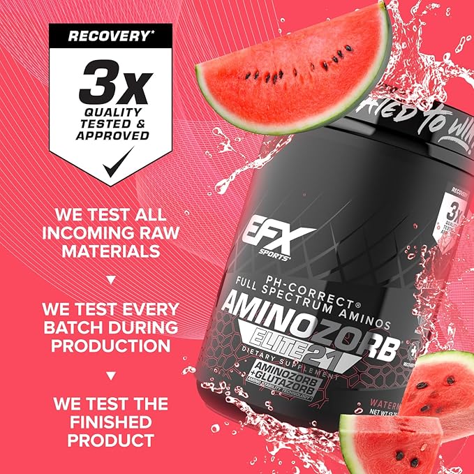 EFX Sports Aminozorb Elite 21 | PH-Correct Full Spectrum Aminos + Glutamine | Essential &amp Non Essential Aminos | Zero Sugars | 30 Servings (Watermelon)