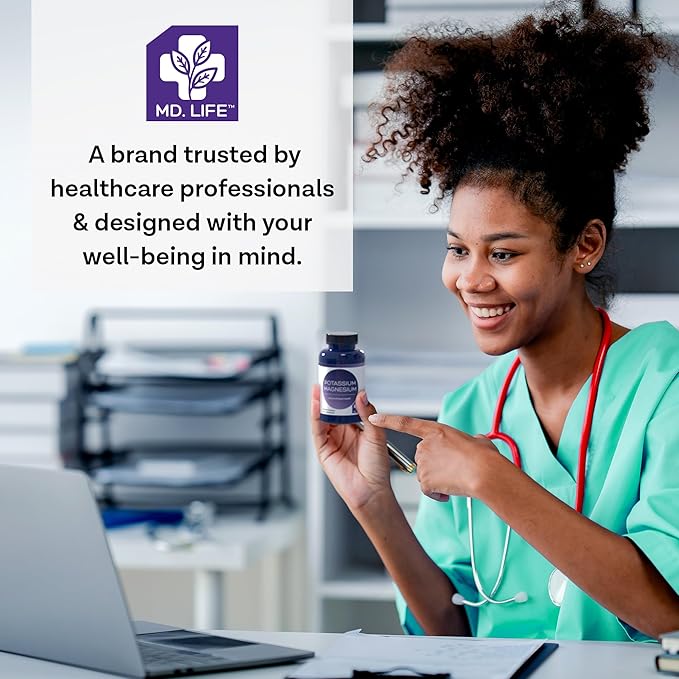 MD. Life Potassium Magnesium Supplement - 120 Capsules - Magnesium Potassium Supplement - High Absorption Complex - Support Vascular Health &amp Leg Cramp