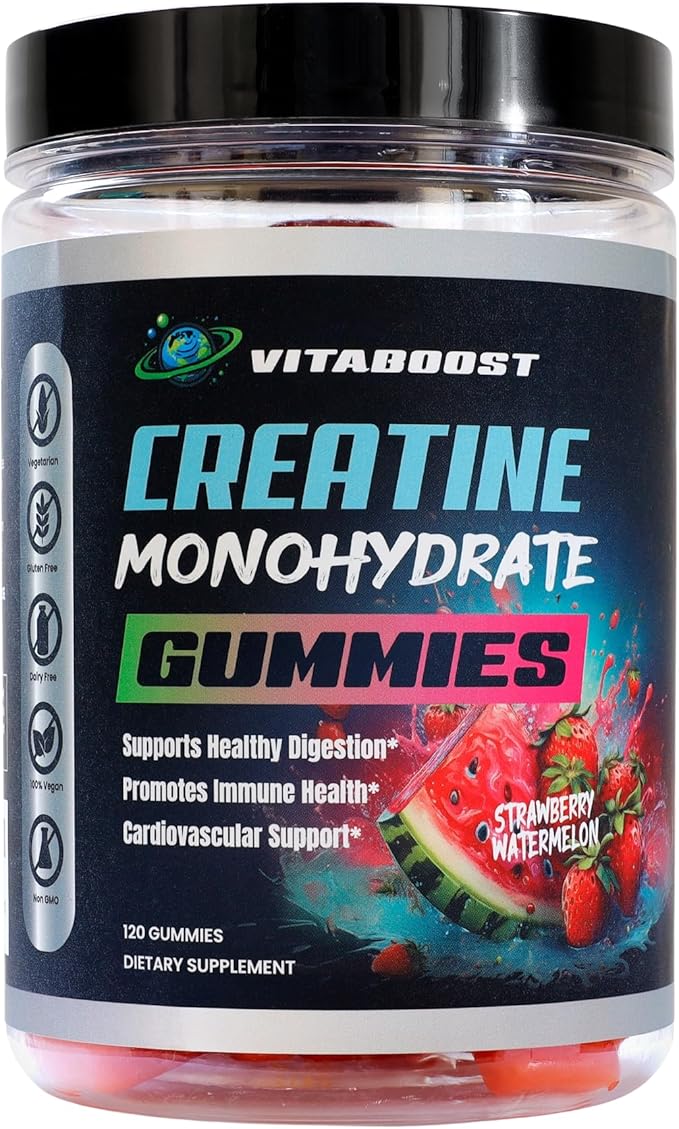 VitaBoost Creatine Gummies 5g- Natural Creatine Monohydrate for Men &amp Women- Delicious Strawberry Watermelon Flavor- Boost Strength Energy &amp Muscle Growth- Vegan Pre Workout Gummies- Made in
