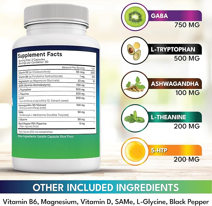 NEW AGE GABA 750mg 5 HTP 200mg L Tryptophan 500mg L Theanine 200mg Ashwagandha SAM-e L-Glycine - Vitamins for Women and Men with 5-HTP (5-Hydroxytryptophan) - 90 Count