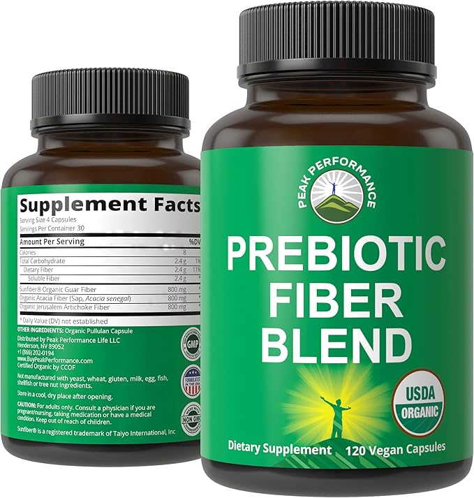 USDA Organic 3-in-1 Prebiotic Fiber - Vegan Capsules for Gut Digestive Health. Raw Whole Food Plant Based Prebiotics Pills Supplement with Inulin (Jerusalem Artichoke) Acacia Fibers SunFiber