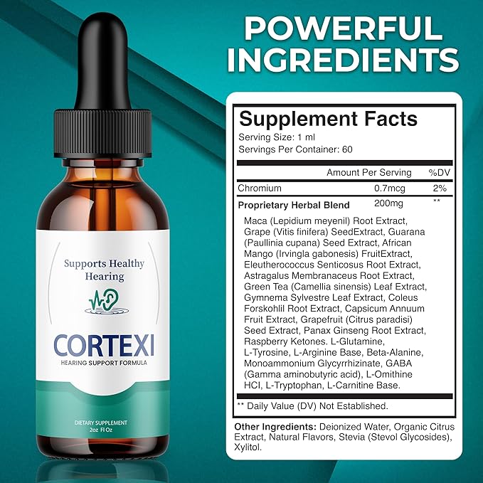 (Official) Cortexi Tinnitus Treatment Hearing Support with Chromium Grape Seed Astragalus Maca Root - Cortexi Hearing Support Drops Supplement Cortexi Tinnitus Treatment Ringing Ears (1 Bottle)