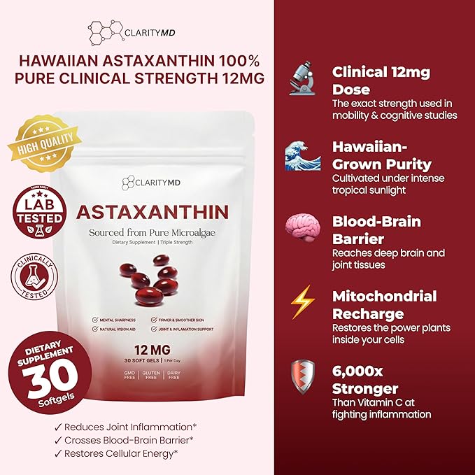 Astaxanthin 12mg Antioxidants Supplement – Natural Microalgae Source – Lipid-Based Softgel for Enhanced Absorption – Cognitive Vision &amp Joint Support – 30 Softgels (Pack of 1)
