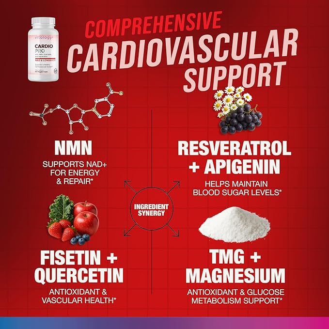 N.A.D.+ Longevity – Cardiovascular Support Supplement with NMN NR Resveratrol Fisetin Quercetin TMG &amp Apigenin – Promote Healthy Heart Function &amp N.A.D.+ Levels – 60 Veggie Capsules