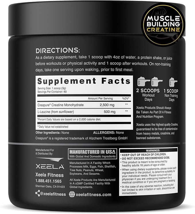 XEELA Creatine for Lean Muscle Gain All Natural Creatine Powder for Men &amp Women with Creapure Increase Strength &amp Power Reduce Recovery Time(Unflavored 60 Servings)