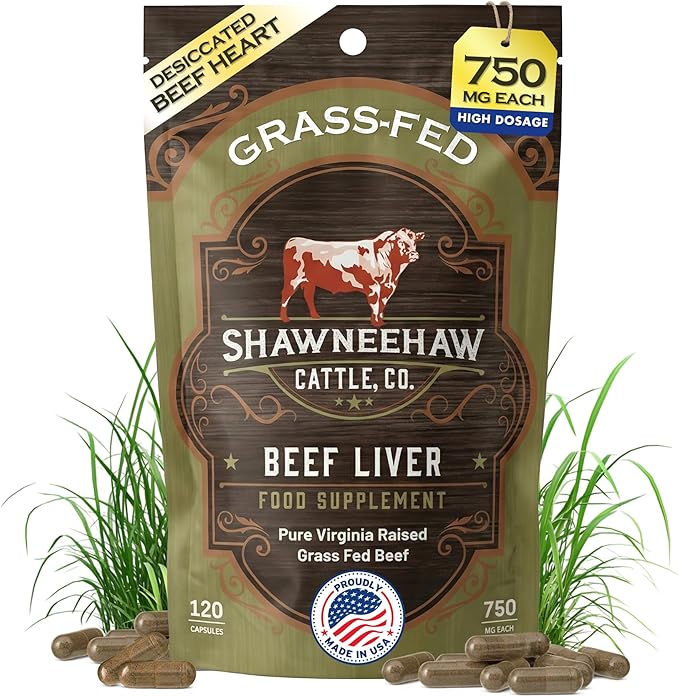 Shawneehaw Farms Grass Fed Desiccated Beef Liver Capsules (120 Pills 750 mg Each) with Vitamin A Folate Vitamin B12 - Beef Liver Supplement for Joint Support &amp Collagen