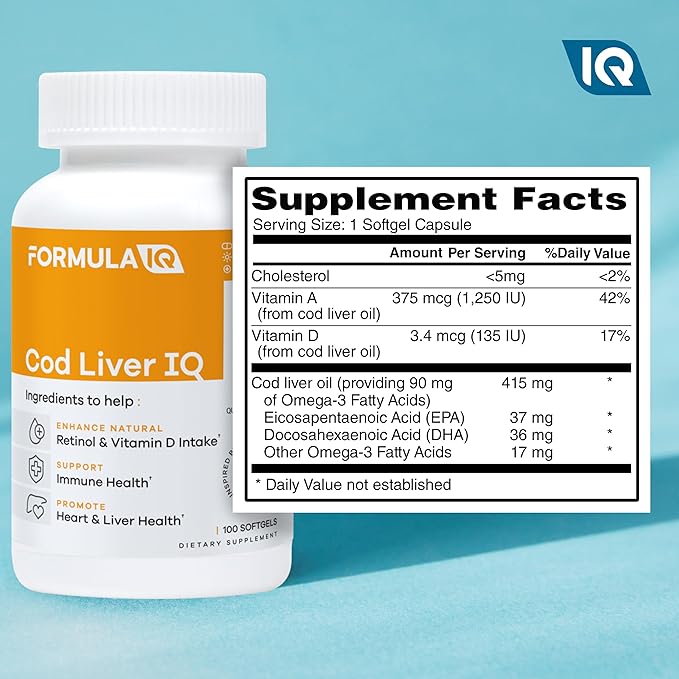 Formula IQ - Cod Liver IQ - Cod Liver Oil Softgels - Natural Source of Vitamins A &amp D and Omega-3 Fatty Acids - Heart Liver &amp Immune Health - 100 Softgels