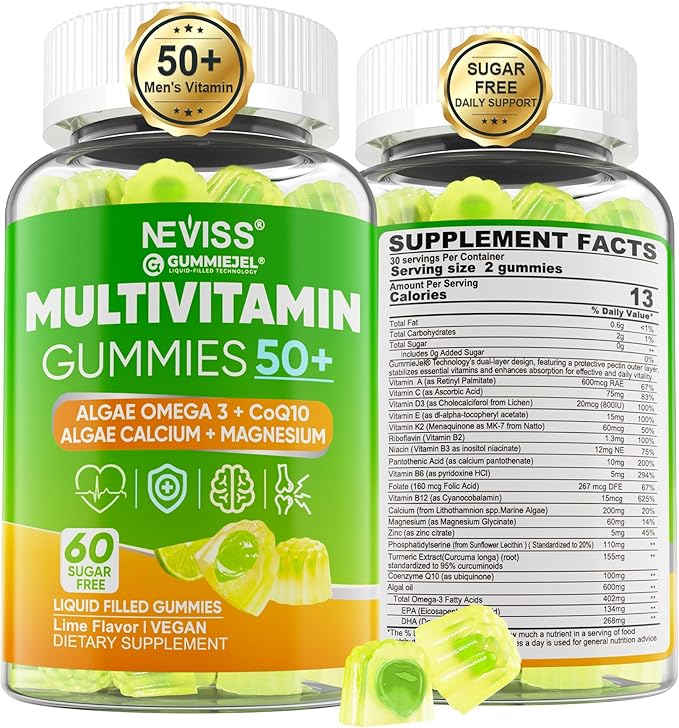 Multivitamin for Men 50 + Plus Sugar Free Men Multivitamins Gummies w/Omega-3 Coq10 D3k2 Calcium Magnesium Zinc Vitamins A C &amp E Mens Vitamins for 𝖧𝖾𝖱𝗍 Antioxidant Brain Bone 60ct