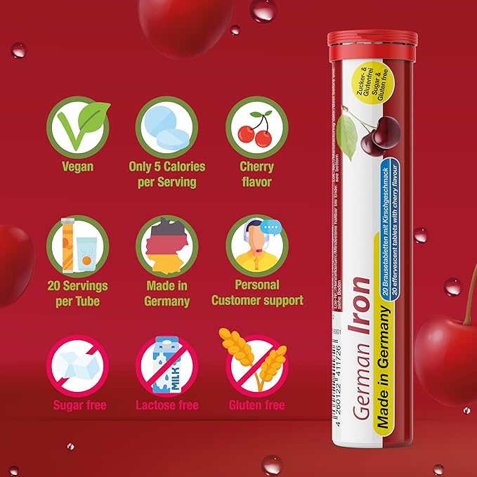 T&ampD German Iron 14 mg - 140 Vegan Drink Effervescent Tablets - Cherry Flavor - Made in Germany