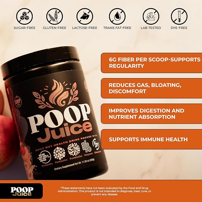 Poop Juice 5-in-1 Daily Fiber Supplement Powder - Bloat &amp Poop Relief - Prebiotic Probiotic Postbiotic Digestive Enzymes L-Glutamine - GLP-1 Support - Sugar-Free Georgia Peach Mango (30 Servin