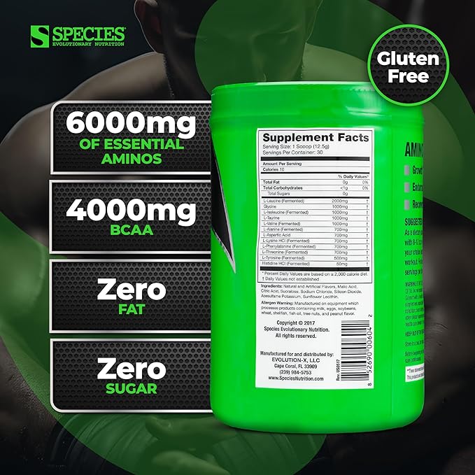 Species Nutrition Amino Evolved EAA &amp BCAA Powder Fermented Branched Chain Amino Acids Muscle Recovery &amp Endurance Pre &amp Post Workout Supplement (Blue Raspberry 30 Servings)
