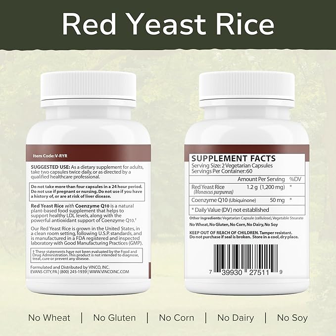 Vinco Inc– Red Yeast Rice with Coenzyme Q10 Dietary Supplement | (120 Capsules) | Supports Healthy Cholesterol Heart Function &amp Circulation | Grown in the USA | Gluten Free