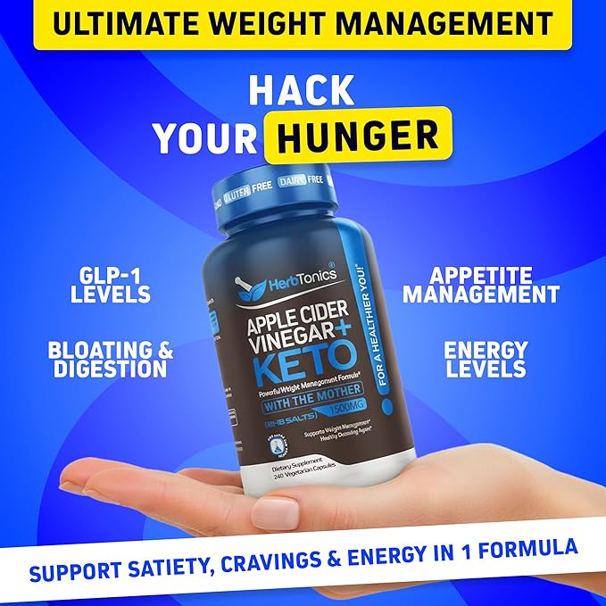 Herbtonics Apple Cider Vinegar + Keto BHB Capsules | GLP-1 Support for Appetite Cravings &amp Weight Management | Metabolism Support with Satiety Support | 240 Capsules - 4 Month Supply