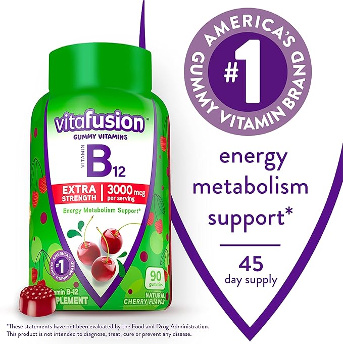 Vitafusion Fiber Well Fit Gummies Supplement 90 Count (Packaging May Vary) &amp Extra Strength Vitamin B12 Gummy Vitamins for Energy Metabolism Support