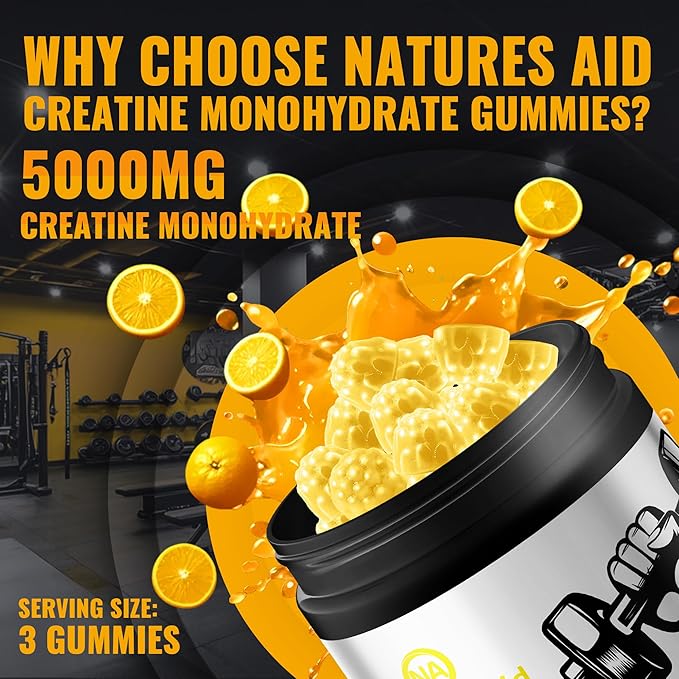 Natures Aid NSF Certified Creatine Gummy 5g - Creatine Monohydrate Gummies – Pre-Workout Energy &amp Muscle Growth Support for Men &amp Women | Orange Electrolyte Gummies (135 Count)