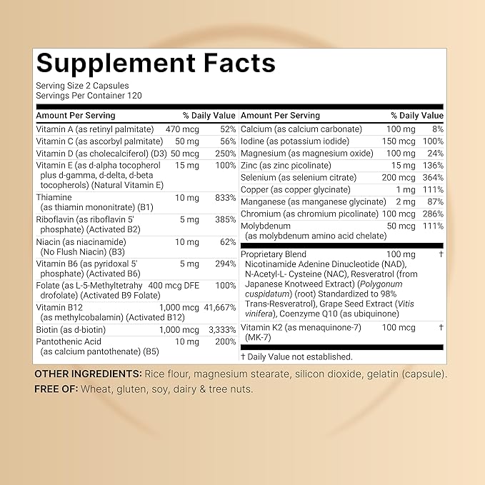 Methylated Multivitamin for Men and Women 240 Capsules | 27-in-1 Formula with Vitamins B Complex C D3 K2 NAD NAC CoQ10 Resveratrol Magnesium Zinc &amp More | Daily Essential Vitamins