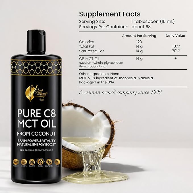Cocó March N.M.D. Pure C8 MCT Oil from Coconut for Energy Metabolism &amp Brain Support Keto &amp Fasting Friendly Gluten-Free Vegan &amp Unflavored - Perfect in Coffee Tea &amp Smoothies 32
