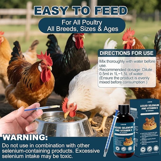 E+S Poultry Vitality Formula | Selenium for Chickens and All Poultry | Nutrient Support Liquid for Energy Balance and Mobility | Feed Mix Additive for Healthy Growth3.4 fl oz
