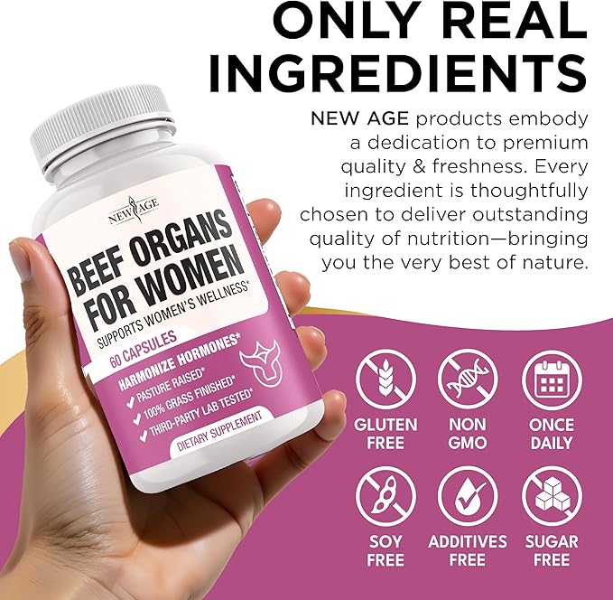 NEW AGE Beef Organ Supplement for Women - Beef Liver Kidney Heart and Uterus Tissue Supports Women's Overall Energy and Health - Pasture Raised Grass Fed - No Fillers - 180 Capsules