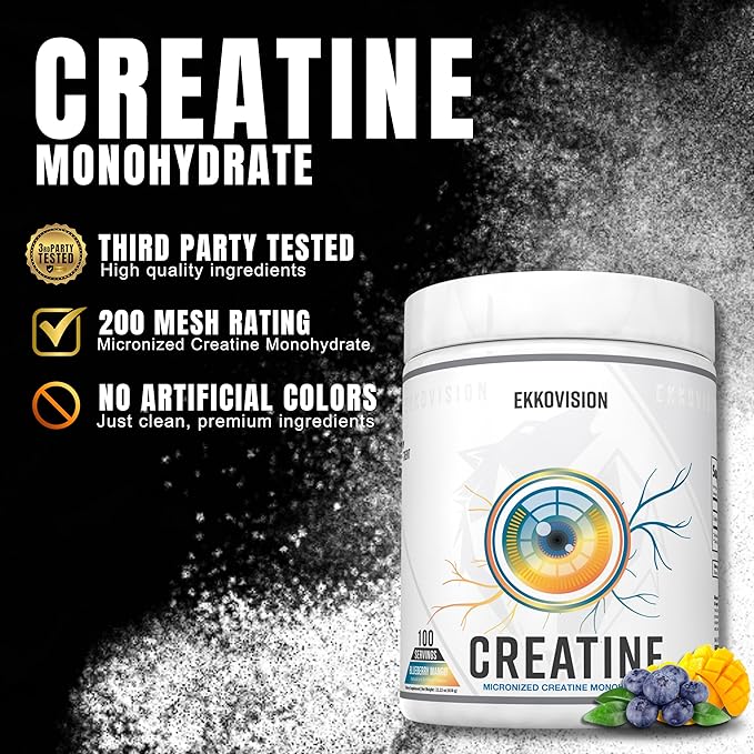 Ekkovision Creatine Monohydrate Powder Micronized Blueberry Mango Pre Workout &amp Post Workout Supplement for Men and Women Energy Support Easy to Mix in Shakes Smoothies &amp Beverages 100