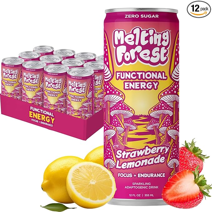 Melting Forest Mushroom Energy Drink L-Theanine Cordyceps &amp Lion's Mane 150mg of Caffeine Energy &amp Focus Cognitive Function &amp Mental Clarity Strawberry Lemonade (12 Pack)