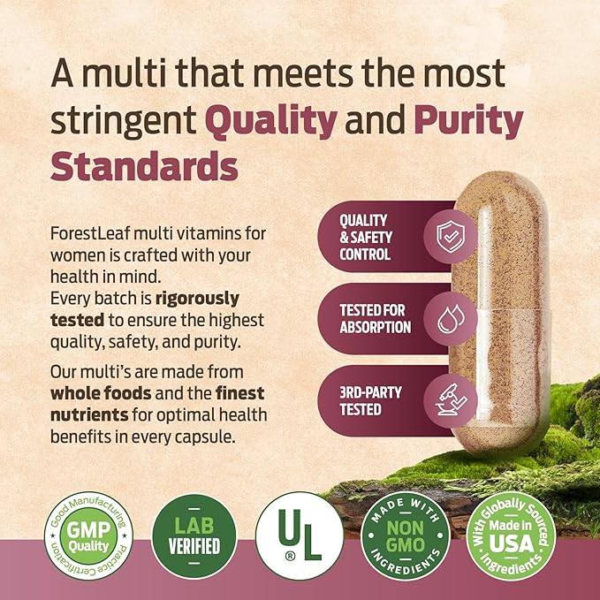 ForestLeaf Daily Vitamin Multivitamin for Women Multi-Vitamin for Women - Womens Multivitamins &amp Multiminerals Supplement | All Essential Vitamins Needed for Health &amp Energy | 60 Veg Caps