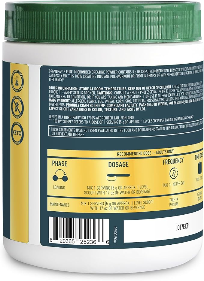 Organika Creatine Powder- 100% Pure Micronized Creatine Monohydrate - Helps Build Lean Muscle Increase Strength and Improved Recovery and Performance for Men and Women - 500g 100 Servings