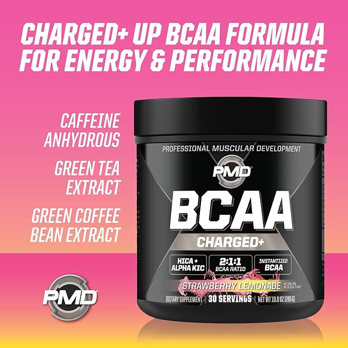PMD Sports BCAA Charged Amino Acid Drink Mix for Performance Recovery Endurance and Hydration - Increase Muscle Function for Workout and Daily Energy - Strawberry Lemonade (30 Servings)