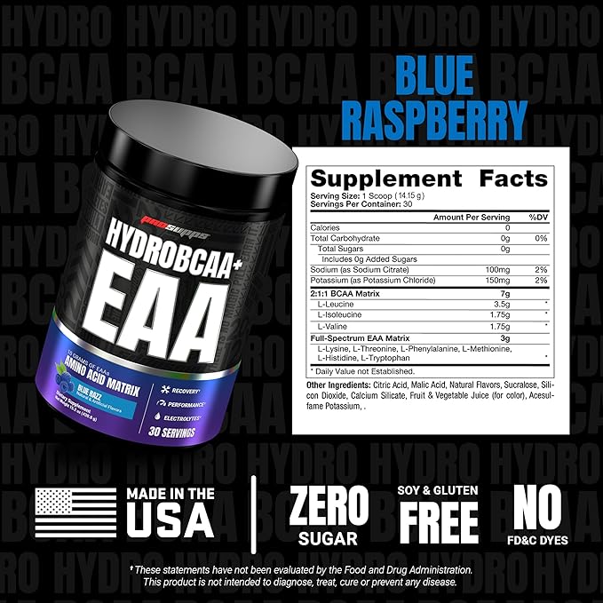 ProSupps HydroBCAA Essential Amino Acids Powder Blue Raspberry - Workout Supplement with BCAA EAAs &amp Electrolytes for Hydration &amp Recovery - Stimulant-Free Soy &amp Gluten-Free - 30 Servin