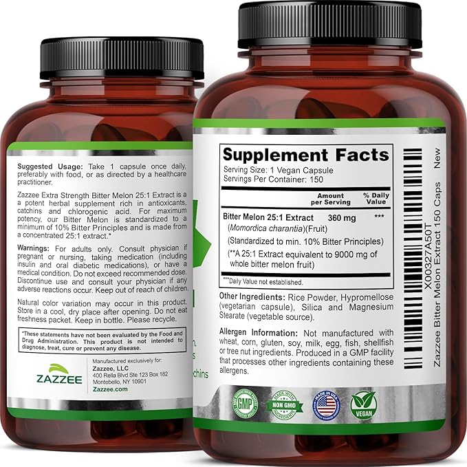 Zazzee Extra Strength Bitter Melon 25:1 Extract 10% Bitter Principles 150 Vegan Capsules 5 Month Supply Momordica Charantia Antioxidant &amp Metabolic Support Non-GMO Made in the USA