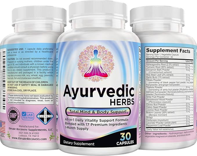 Ayurvedic Herbs 17-in-1 Supplement | Mind &amp Body Balance | Ayurveda Health Support Blend | Ayurvedic Supplements | 1-Month Supply | 30 Capsules
