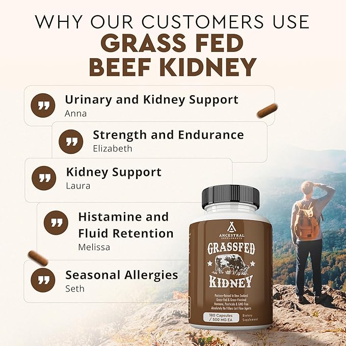 Ancestral Supplements Grass Fed Beef Kidney Supplement 3000mg DAO Enzyme Supplement Kidney Support for Urinary and Histamine Health Selenium B12 Non GMO 180 Capsules