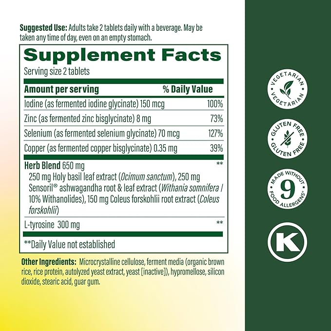 MegaFood Thyroid Strength - Mineral Supplement - Thyroid Support for Women with Ashwagandha Zinc Selenium Copper Iodine &amp L-Tyrosine &amp Herb Blend - Vegetarian - 60 Tabs (30 Servings)
