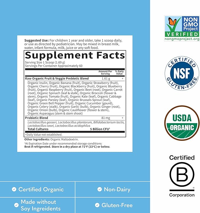 Garden of Life Raw Probiotics Kids - 5 Billion CFU - Whole Food Probiotic for Gut Health &amp Immune Support - for Children Ages 1 Year &amp Older - 60 Servings