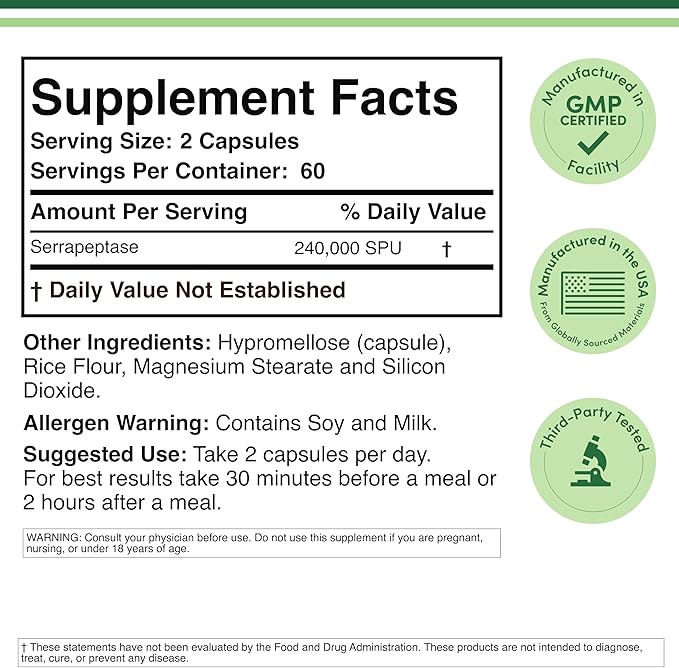 Serrapeptase 240000 SPU Max Potency (120 Veggie Capsules) Proteolytic Enzyme for Sinus Respiratory and Joint Health (Non-GMO Gluten Free Vegetarian Safe) by Double Wood (Pack of 2)