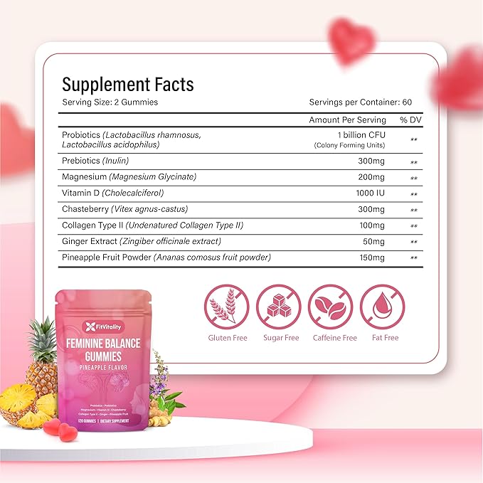 Premium 120 Feminine Balance Gummies – Probiotics Collagen Type II Chasteberry Vitamin D &amp Magnesium – Gluten-Free Pineapple Flavor Vegan
