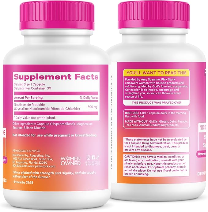 Pink Stork NAD+ Supplement for Women | 500 mg Nicotinamide Riboside NR | Clinically Studied Pure NMN Powder | Brain + Cognitive Support | Energy + Skin Essentials Over 30 | 30 Capsules