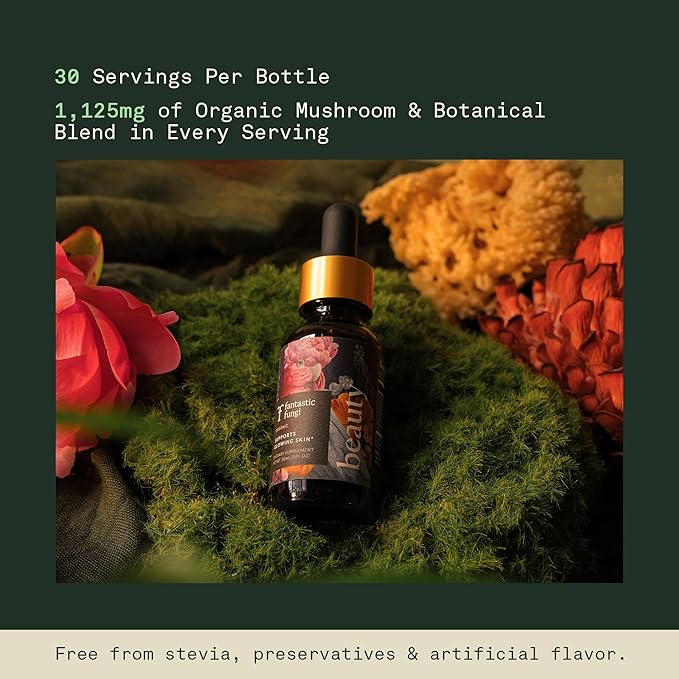 Fantastic Fungi Beauty Elixir with Tremella Mushroom Extract Chaga Mushroom Extract Horsetail &amp Acerola - Organic Drops for Healthy Hair Skin &amp Nails - Formulated in USA - 30 Servings 1 fl