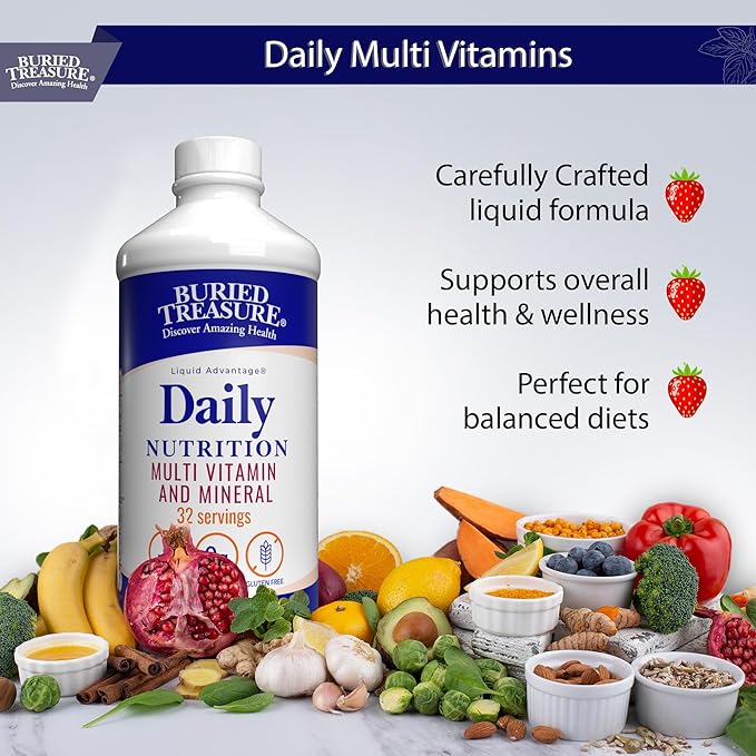 Buried Treasure Daily Nutrition Liquid Multivitamin and Mineral Supplement with Trace Minerals Superfoods Vitamin A B-Complex C D E Methylfolate Biotin Magnesium Zinc Resveratrol 32 serv