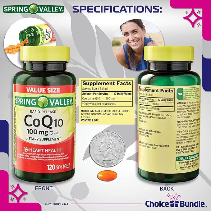 Choice Bundle Spring Valley Rapid-Release CoQ10 Coenzyme Q10 100 mg Softgels 120 Ct 4 pk (480 Total) + Vitamin Guide &amp Pill Container (6 Items)!