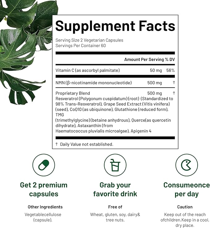 NMN 1000mg per Serving Ultimate 10-in-1 NAD+ Support with Trans-Resveratrol Apigenin CoQ10 Vitamin C 120 Vegetarian Capsules