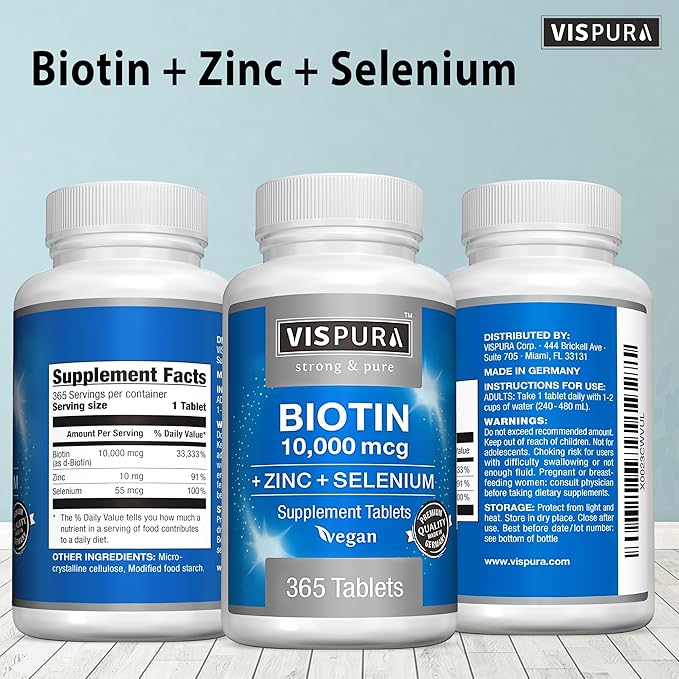 Biotin 10000 mcg + Zinc + Selenium Pure Vegan &amp Extra Strong Best Supplement for Hair Growth Glowing Skin Strong Nails* 365 Tablets for 12 Months Natural Without Additives