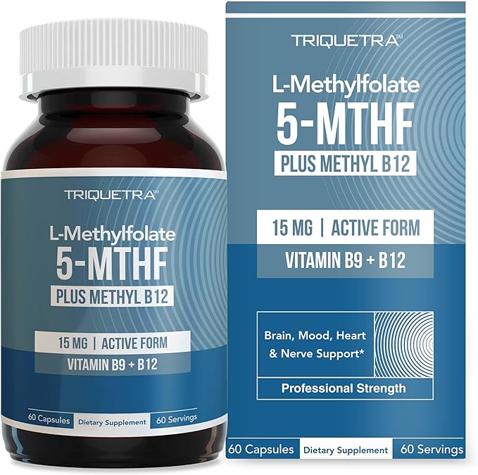L Methyl Folate 15mg Plus Methyl B12 Cofactor – High Potency Active 5-MTHF Form - Supports Mood Methylation Cognition – Bioactive Forms of Vitamin B9 &amp B12 (60 Capsules – 60 Servings)