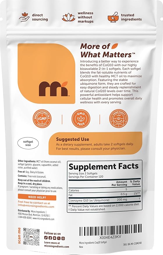 Micro Ingredients CoQ10 200mg Per Serving 240 Softgels | Made with Coconut MCT Oil | Coenzyme Q10 (Ubiquinone) | Non-GMO