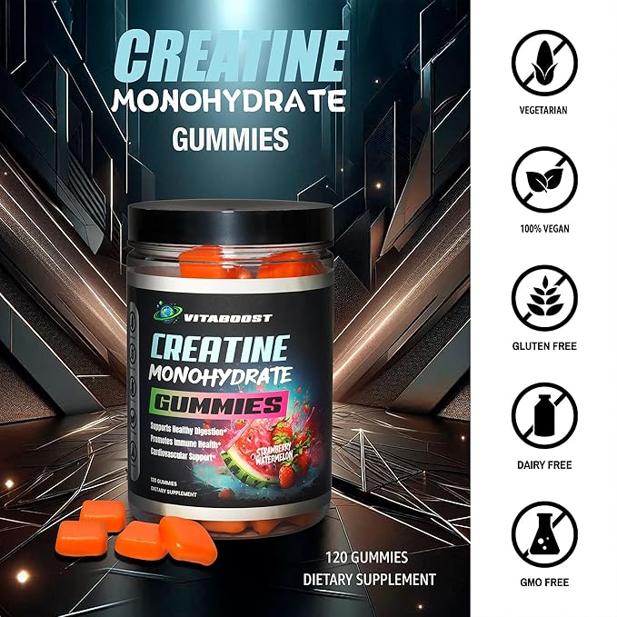 VitaBoost Creatine Gummies 5g- Natural Creatine Monohydrate for Men &amp Women- Delicious Strawberry Watermelon Flavor- Boost Strength Energy &amp Muscle Growth- Vegan Pre Workout Gummies- Made in