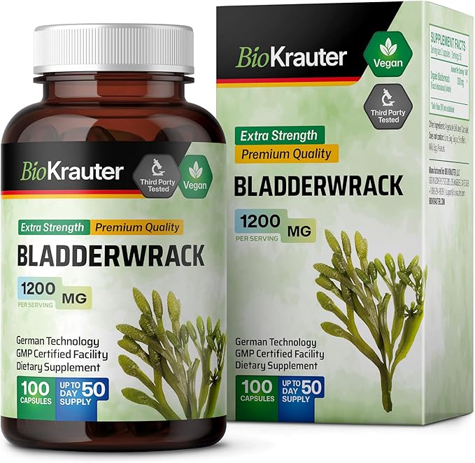BIO KRAUTER® Bladderwrack for Thyroid Support - Vegan Iodine Supplement 1200 mg per Serving - Bladderwrack 100 Capsules 50 Days of Supply Non-GMO - Natural Seaweed Supplement
