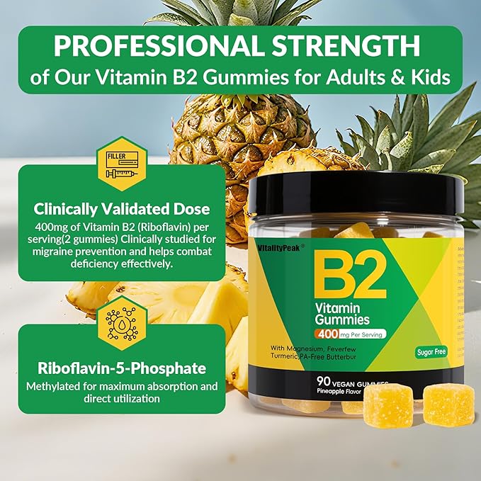 Riboflavin Vitamin B2 Gummies 400mg for Adults &amp Kids | Migraine Supplement with Magnesium Turmeric Cayenne Pepper Butterbur for Energy &amp Nervous Support | Vegan Sugar Free 90 Count