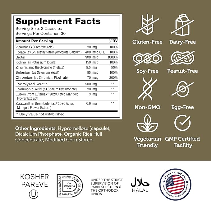 Zahler Shine Hair Skin and Nails Vitamins for Women &amp Men - Multivitamin for Hair Growth Stronger Nails and Skin Health - Kosher Supplement with Biotin Keratin &amp Hyaluronic Acid (60 Capsules
