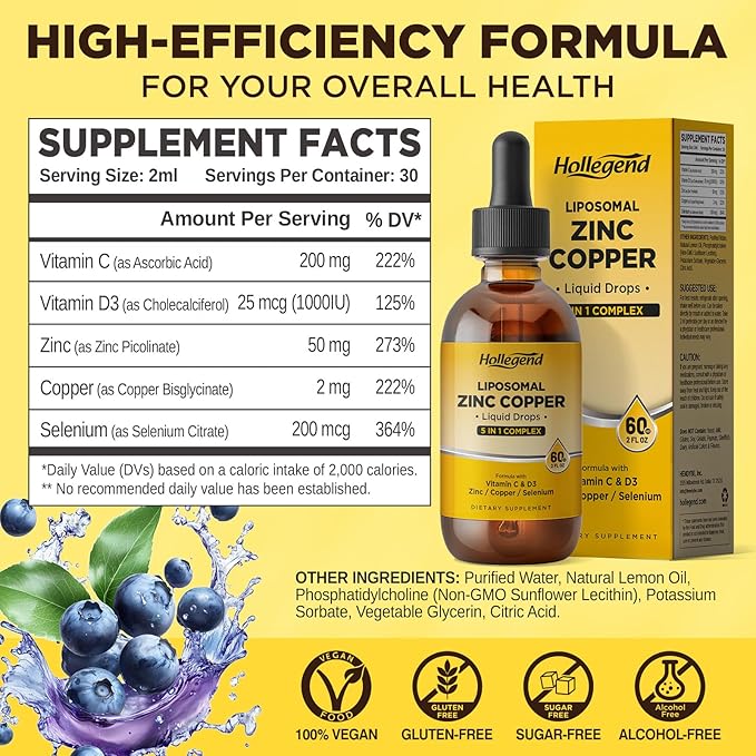 Liposomal Zinc Copper Liquid Drops 50mg Zinc Picolinate with Copper Selenium Vitamin C&ampD3 for Immune &amp Thyroid Support Fast-Absorbing Mineral Supplements for Men &amp Women Blueberry 4