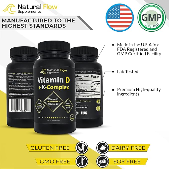 Vitamin D3 with K2 and K1 Supplement - Natural Flow Vitamin D3 and K Complex D3 5000iu with Vitamin K2 MK4 + MK7 and K1 for Bone Heart and Immune Support - 60 Capsules